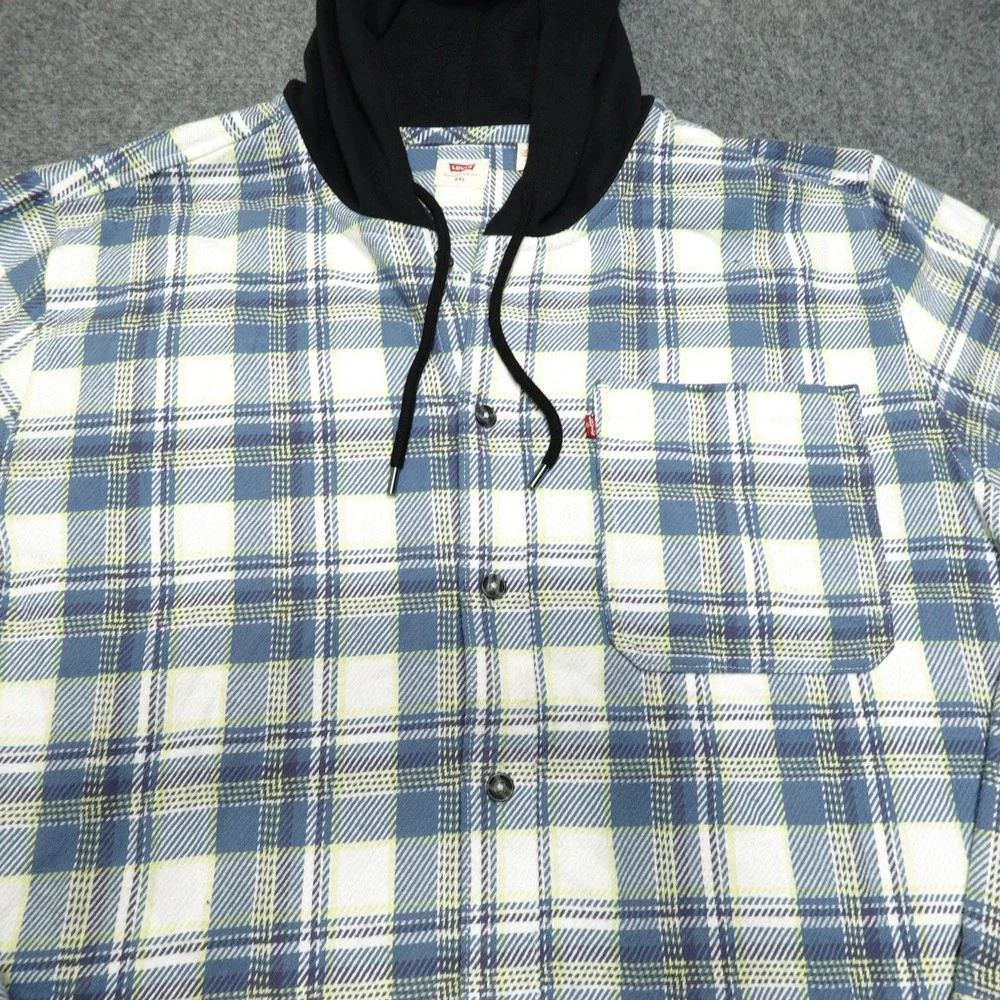 Levi's Hooded Shirt Mens XXL Blue Plaid Cotton Flannel Long‎ Sleeve Button Front